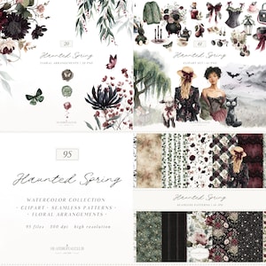 Aquarelle printemps hanté Clipart, Clipart printemps gothique, Clipart floral foncé, maussade printemps PNG, Cottagecore gothique, téléchargement numérique
