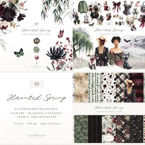 Haunted Spring Watercolor Clipart Collection, Gothic Floral PNG (Digital Download)