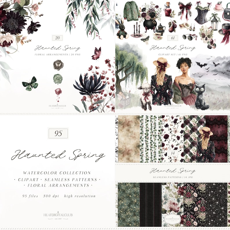 Colección de imágenes prediseñadas de acuarela de primavera embrujada, PNG floral gótico (descarga digital) imagen 1
