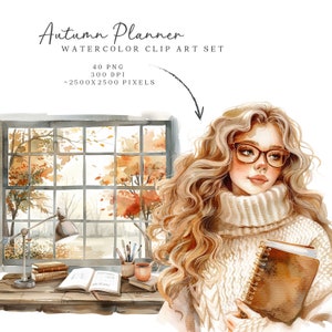 May include: Watercolor illustration of a woman with long blonde hair wearing glasses and a white sweater, holding a brown notebook with a gold spiral binding. The woman is sitting in front of a window with a view of autumn trees. A wooden desk with a lamp, books, and pencils is in front of the window.