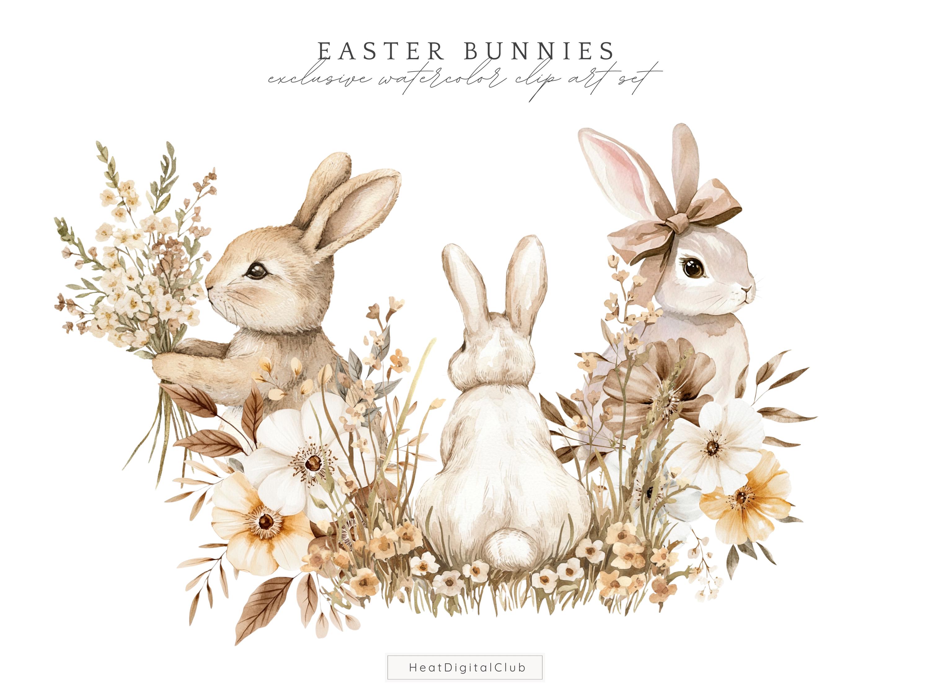 Watercolor Easter Bunnies Clipart, Spring Floral PNG (digital Download ...