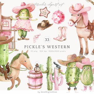 Clip art western di sottaceti ad acquerello, clipart di sottaceti divertenti PNG, immagini di cetrioli carini, sottaceti felici, festa per bambini del selvaggio West, download digitale