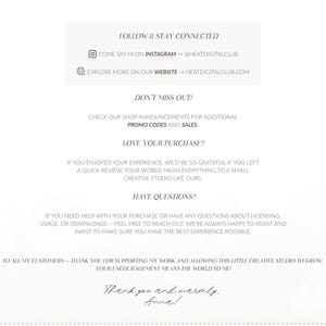 May include: Cream-colored graphic with text in a serif font. The text includes "Follow & Stay Connected," Instagram and website addresses, and shop announcements. Additional text includes "Love Your Purchase?" and "Have Questions?" with a thank you note.