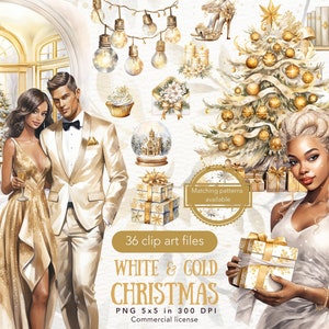 Paquete de imágenes prediseñadas navideñas en acuarela blanca y dorada, imágenes prediseñadas festivas PNG, gráficos navideños glamorosos, calcomanías digitales navideñas, uso comercial