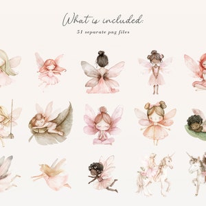 May include: A set of 51 digital illustrations featuring fairies with pink wings and dresses. The fairies are in various poses, including flying, sitting, and sleeping. Some fairies are riding unicorns. The illustrations are in a watercolor style.
