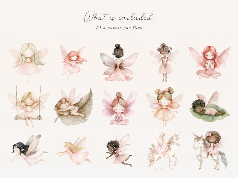 May include: A set of 51 digital illustrations featuring fairies with pink wings and dresses. The fairies are in various poses, including flying, sitting, and sleeping. Some fairies are riding unicorns. The illustrations are in a watercolor style.