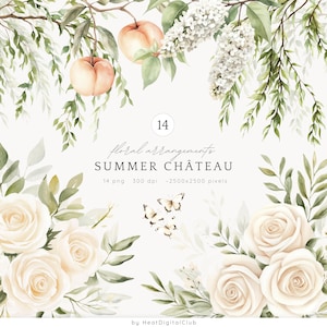 Composizioni floreali estive con acquerelli di castelli, clipart floreali francesi, clipart di rose bianche e crema, PNG lilla, clipart di fiori di pesco, clipart digitale