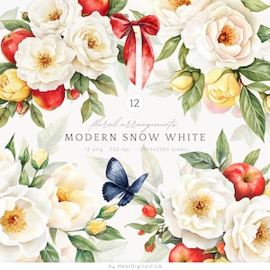 Aquarell moderne Schneewittchen Blumenarrangements ClipArt, weiße Pfingstrosen, gelbe Rosen, romantische Blumen, digitaler Download