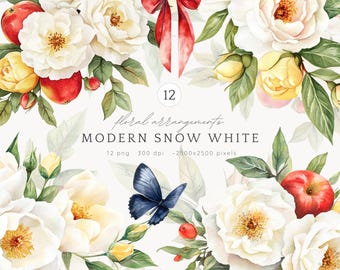 Watercolor Snow White Floral Clipart, Peonies, Roses (Digital Download)