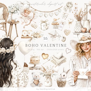Aquarell Boho Valentinstag Clipart Bundle, romantische Clip Art PNG, rustikale Liebe, Boho Clipart, digitaler Download Aufkleber, kommerzielle Nutzung