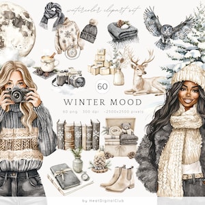 Imágenes prediseñadas de acuarela con estado de ánimo invernal, paquete de imágenes prediseñadas de invierno acogedor, imágenes prediseñadas de invierno rústico, imágenes prediseñadas de Cottagecore, descarga digital, uso comercial
