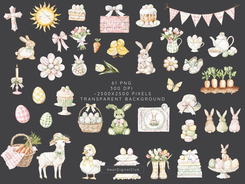 May include: A set of 61 digital illustrations featuring Easter-themed images. The illustrations include bunnies, chicks, eggs, flowers, carrots, and other spring-themed elements. The images are in a watercolor style and have a transparent background.