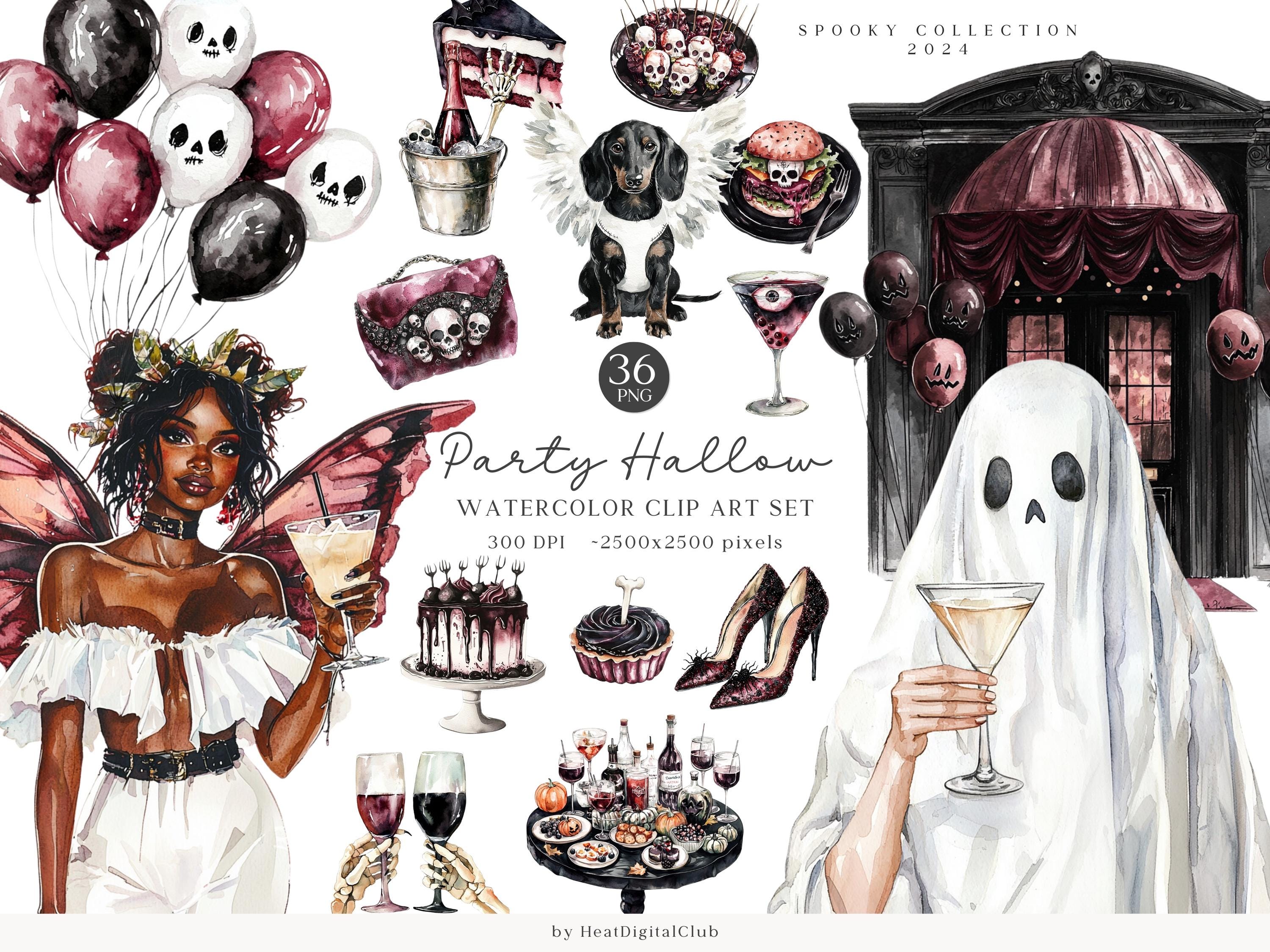 Watercolor Halloween Party Clipart, Spooky Halloween Clip Art, Halloween costumes png, treat or treat clipart, Digital stickers