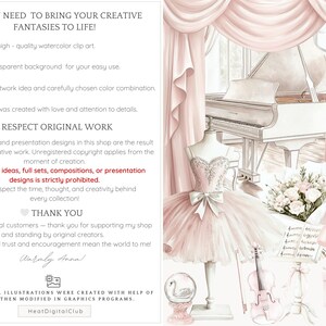 May include: A watercolor illustration of a ballerina in a pink tutu, a white grand piano, a bouquet of white roses, and a violin. The background is a soft pink with a white curtain.