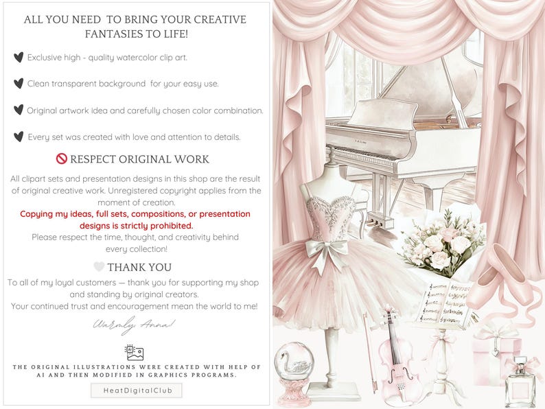May include: A watercolor illustration of a ballerina in a pink tutu, a white grand piano, a bouquet of white roses, and a violin. The background is a soft pink with a white curtain.