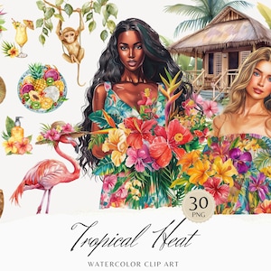 Paquete de imágenes prediseñadas de calor tropical de acuarela, PNG de verano tropical, imágenes soleadas, gráficos de vacaciones de verano Descarga digital instantánea, uso comercial