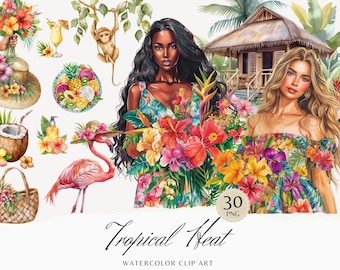 Può includere: Set di clip art ad acquerello con elementi tropicali, tra cui due donne, un fenicottero rosa, una scimmia, una capanna, una noce di cocco, una ciotola di frutta, fiori e foglie. Il set include 30 file PNG.