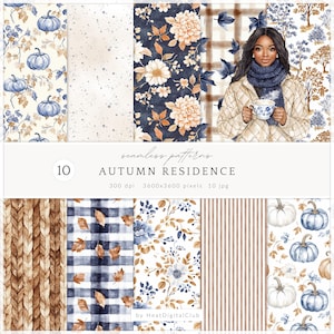 May include: A collection of ten seamless patterns with an autumn theme. The patterns include floral designs, pumpkins, plaid, and a woman holding a teacup. The color palette features shades of blue, brown, and cream. The text "AUTUMN RESIDENCE" is displayed.