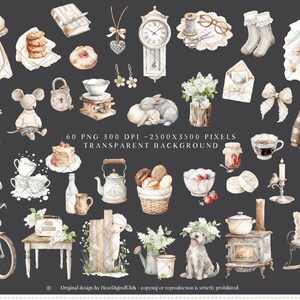 Pu&ograve; includere: Illustrazioni ad acquerello di vari oggetti in stile vintage su sfondo scuro. L'immagine include un orologio, abbigliamento, generi alimentari, una bicicletta, un cane e altri elementi decorativi. Il tema generale &egrave; un'estetica rustica e accogliente.