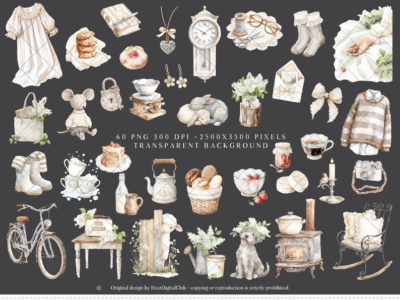 Pu&ograve; includere: Illustrazioni ad acquerello di vari oggetti in stile vintage su sfondo scuro. L'immagine include un orologio, abbigliamento, generi alimentari, una bicicletta, un cane e altri elementi decorativi. Il tema generale &egrave; un'estetica rustica e accogliente.