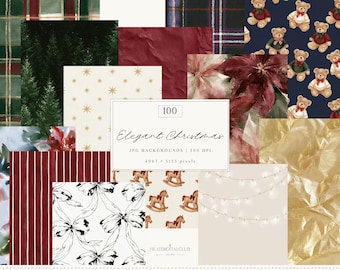 100  Christmas Backgrounds, Christmas Digital Bundle, Holiday Scrapbook Paper,  Floral Botanical Plaid Stripes JPG | Digital Download
