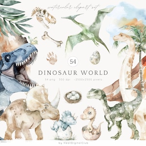Pacchetto Clipart del mondo dei dinosauri ad acquerello, Clip Art di dinosauri carini, Compleanno di dinosauri, Arte per bambini in età prescolare con dinosauri, PNG di dinosauri, Triceratopo, PNG di T-Rex