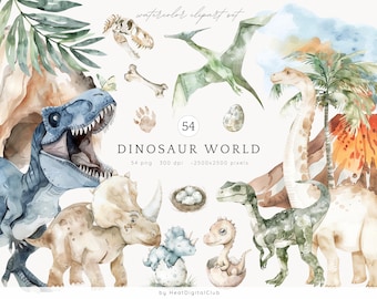 Aquarel dinosaurus wereld clipart bundel, schattige dino illustraties, dinosaurus verjaardag, dinosaurus kinderkamer kunst, dinosaurus png, triceratops, T-rex png
