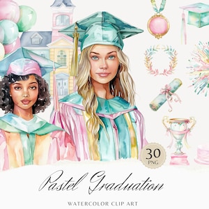 Aquarell Pastell Graduierung Clipart, Graduierung Clip Art Bundle, Schule, Universität, Diplom PNG, kommerzielle Nutzung digitaler Sofort-Download