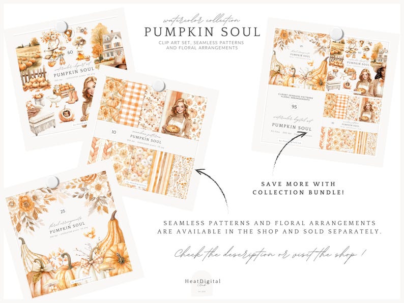 May include: Watercolor collection titled "Pumpkin Soul" featuring clip art sets, seamless patterns, and floral arrangements. The image includes various illustrations of pumpkins, fall scenes, and decorative elements. Text on the image reads "Save more with collection bundle!"