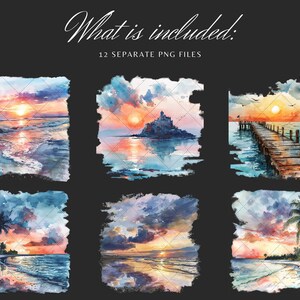 May include: A set of 12 watercolor illustrations of seascapes with sunsets. The illustrations feature a variety of scenes, including a beach with palm trees, a pier extending into the ocean, and a rocky island with a castle. The illustrations are painted in a soft, romantic style with a focus on the warm colors of the sunset.