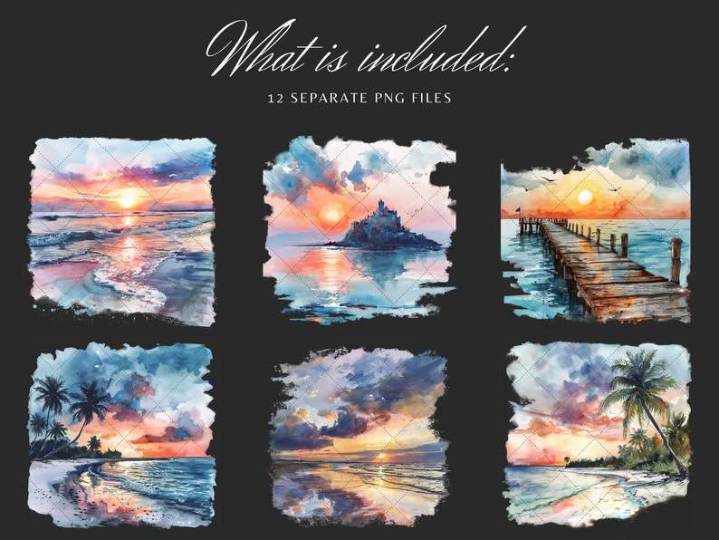 May include: A set of 12 watercolor illustrations of seascapes with sunsets. The illustrations feature a variety of scenes, including a beach with palm trees, a pier extending into the ocean, and a rocky island with a castle. The illustrations are painted in a soft, romantic style with a focus on the warm colors of the sunset.