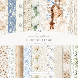 May include: A digital art piece featuring 20 seamless patterns with a cottage theme. The patterns include floral, woven, and striped designs in shades of blue, beige, and brown. A woman is taking a selfie in the upper right corner. The text "Quiet Cottage" is displayed.