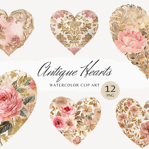 Watercolor Antique  Hearts Clipart, Heart Clip Art, Vintage, Romantic, Illustrations, PNG Graphics, Instant Download Stickers Commercial Use