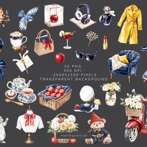 May include: A set of 50 watercolour illustrations featuring various objects, including a squirrel, a bird, a teapot, a scooter, a teddy bear, a mirror, a basket of apples, a book, a chair, a flower arrangement, a pair of headphones, a bottle of perfume, a coat, a pair of boots, a headband, a glass of wine, a cup of coffee, a crystal ball, a rabbit, a mannequin, a pair of sunglasses, a letter, a pen, a box, a bell, and a wreath. The illustrations are on a transparent background.