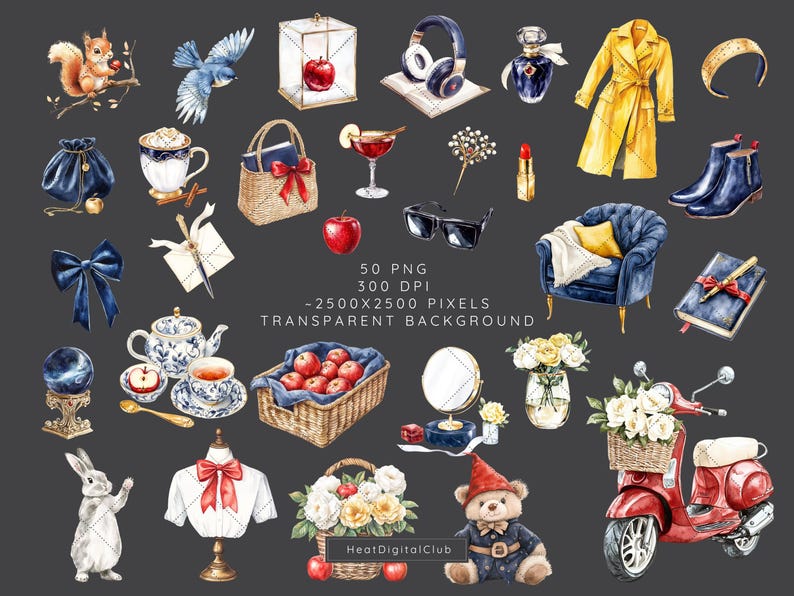 May include: A set of 50 watercolour illustrations featuring various objects, including a squirrel, a bird, a teapot, a scooter, a teddy bear, a mirror, a basket of apples, a book, a chair, a flower arrangement, a pair of headphones, a bottle of perfume, a coat, a pair of boots, a headband, a glass of wine, a cup of coffee, a crystal ball, a rabbit, a mannequin, a pair of sunglasses, a letter, a pen, a box, a bell, and a wreath. The illustrations are on a transparent background.