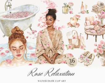 Watercolor Rose Spa Clipart Bundle, Self Care PNG (Digital Download)