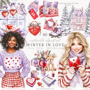 Aquarel winter verliefd ClipArt, gezellige romantische winter clip art bundel, vakantie png, winter png, cottagecore clipart, digitale download