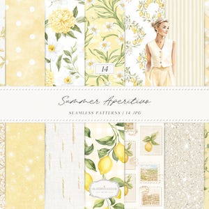 Puede incluir: Una colección de 14 patrones sin costuras con temática de verano. Los patrones presentan ilustraciones de acuarela de limones, flores y otros elementos botánicos en tonos amarillos, blancos y verdes. Se muestra el título "Summer Aperitivo".