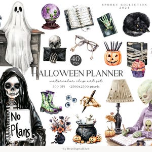 Watercolor Halloween Planner Clipart, Spooky Planner Clip Art, Planner Girl PNG Bundle,Funny  Planning, Commercial Use, Digital stickers