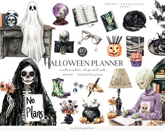 Watercolor Halloween Planner Clipart, Spooky PNG Bundle (Digital Download)