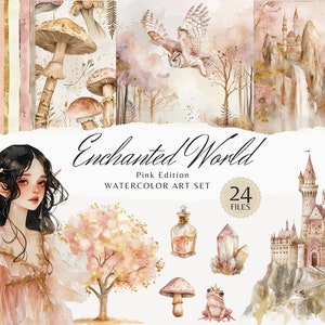 Watercolor Enchanted World Clipart Bundle, Fantasy Clip Art, Magic graphics, Fairy Clipart Set, Watercolor Elf, Fairytale digital stickers