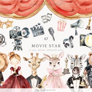 Aquarel schattige kleine filmster clipartbundel, schattige dieren illustraties, babydieren, babyshower png, kinderkamer filmavond, commercieel gebruik
