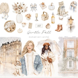 May include: Watercolor clipart set titled "Gentle Fall" featuring various autumn-themed illustrations. Includes a white umbrella, sweater, socks, floral arrangements, bows, pumpkin, cat, scarf, books, and more. The set also includes illustrations of women, a dog, and buildings.