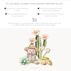 May include: Watercolor illustration of a teddy bear wearing a brown hat and a scarf, sitting next to a cactus and a bowl of guacamole. The illustration is surrounded by pink flowers and green plants.
