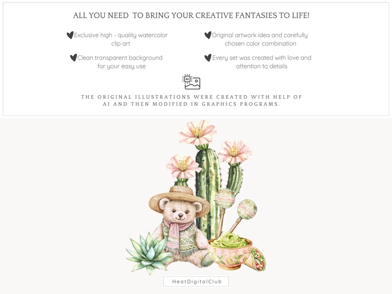 May include: Watercolor illustration of a teddy bear wearing a brown hat and a scarf, sitting next to a cactus and a bowl of guacamole. The illustration is surrounded by pink flowers and green plants.