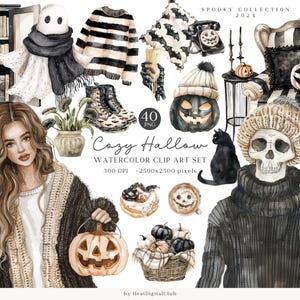 Aquarel gezellige Halloween-clipart, neutrale griezelige Halloween-illustraties, moderne Halloween PNG-bundel, commercieel gebruik, digitale stickers