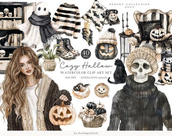Watercolor Cozy Halloween Clipart, Neutral Spooky Halloween Clip Art, Modern Halloween PNG Bundle, Commercial Use, Digital stickers
