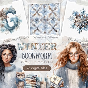 Paquete de imágenes prediseñadas de ratón de biblioteca de invierno con acuarela, estantería, estética de amante de los libros de invierno, png de lectura, descarga digital, biblioteca, fantasía mágica