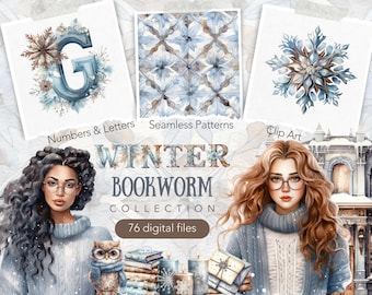 Watercolor Winter Bookworm clip art bundle, bookshelf, Winter book lover aesthetic, reading png, digital download, library, fantasy magical