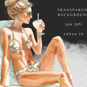 May include: A watercolor illustration of a woman wearing a floral bikini, sitting on a beach chair and holding a glass of lemonade with a straw. The background is a transparent checkered pattern.
